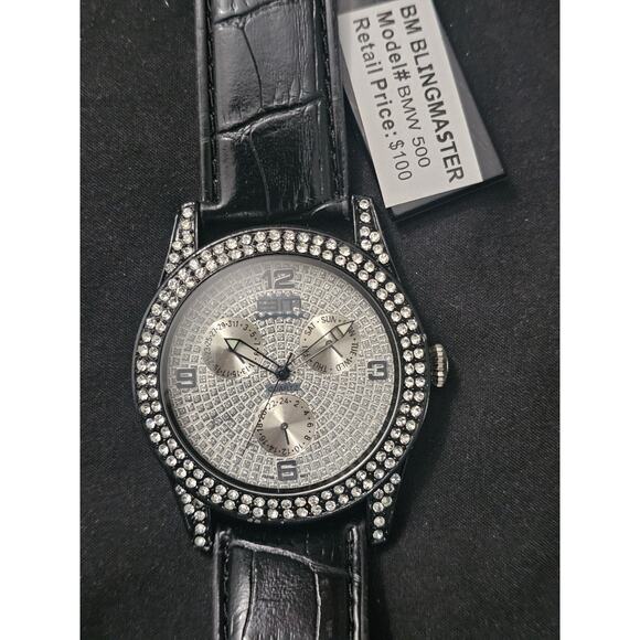 49.3mm Men\'s Quartz Analog Rhinestone Bezel Watch Black genuine Leather band main image 6